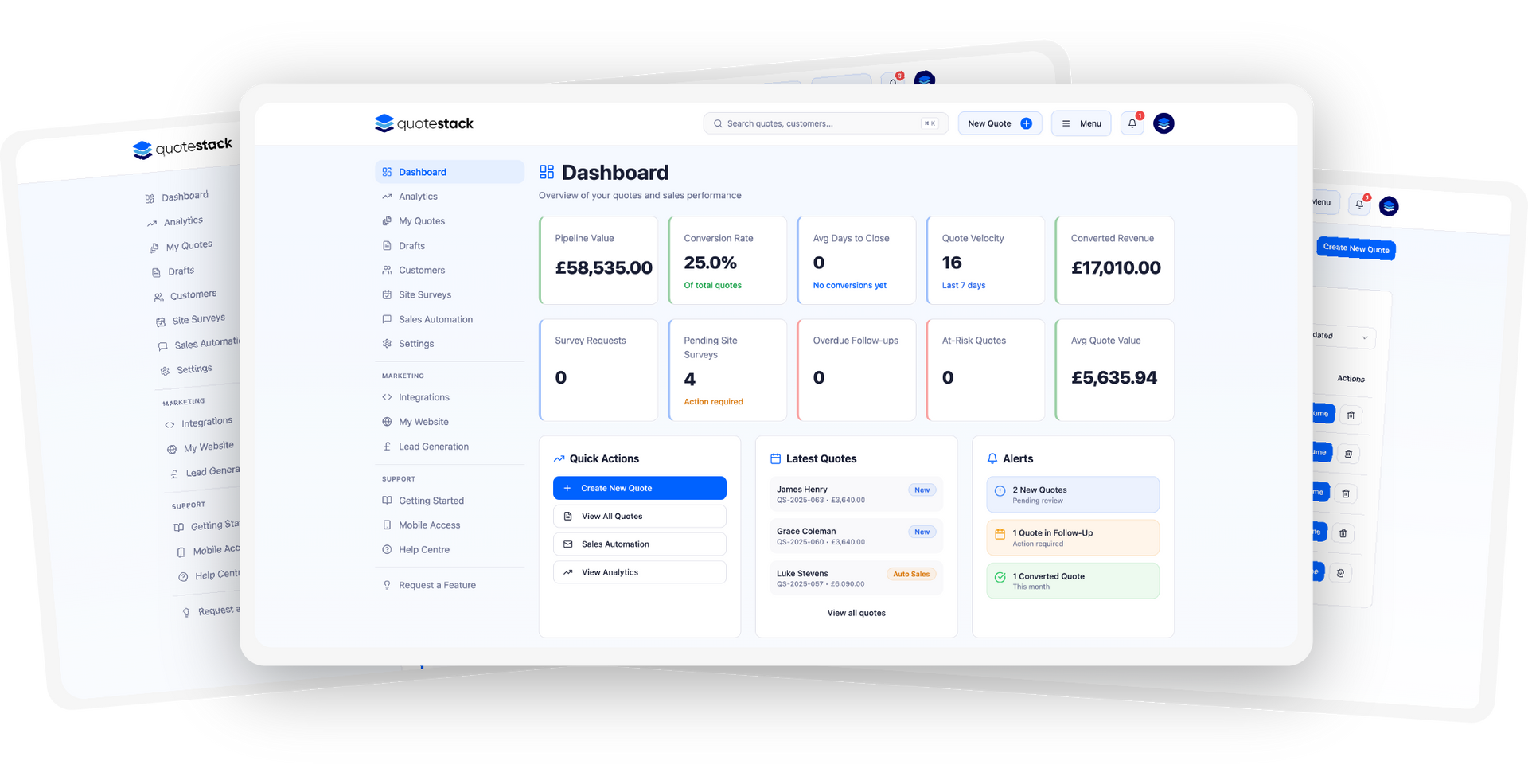 The Quotestack dashboard showing enquiries, quotes and revenue